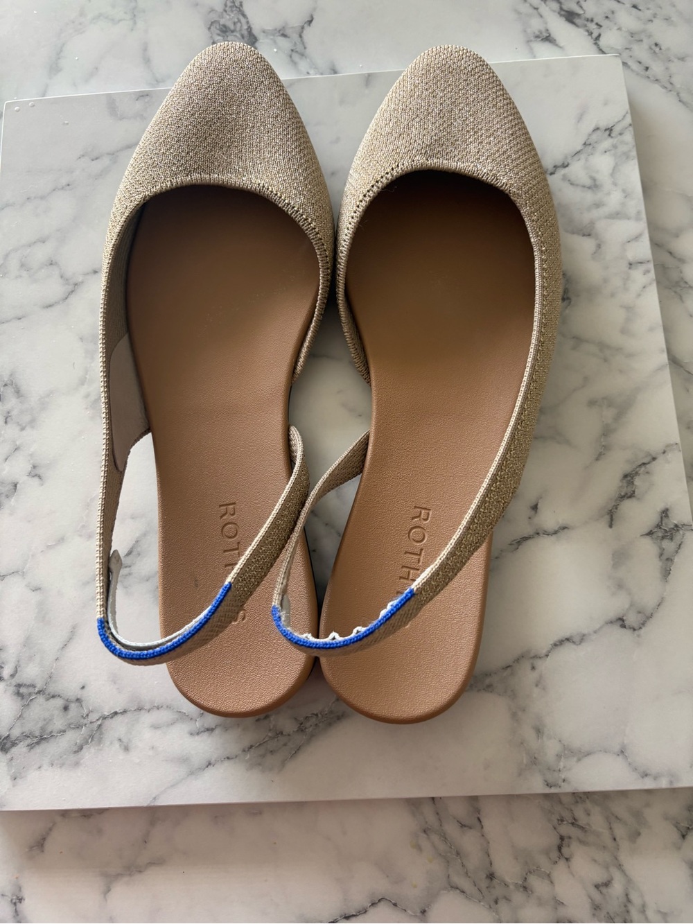 Rothy's Metallic Gold Knit Pointed Toe Slingback Flats with Blue Trim